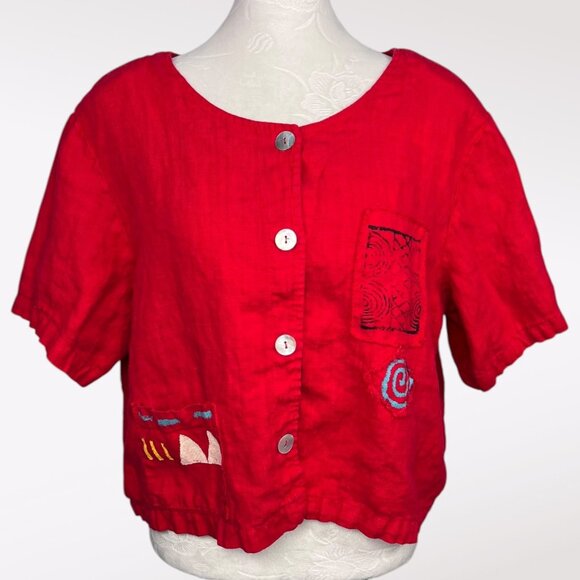 Vintage Red Linen Look Button Front Short Sleeve Top Medium - Picture 1 of 8